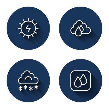 Güneş enerjisi paneli bulutunu yağmur karıyla ve uzun gölgeli su damlasıyla ayarla. Mavi daire düğmesi. Vektör.