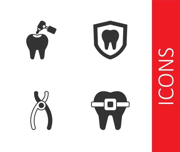 Set Dientes Con Tirantes Caries Dental Taladro Alicates Dentales Icono — Vector de stock