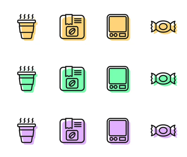 Set Line Básculas Café Electrónicas Taza Café Para Llevar Frijoles — Vector de stock