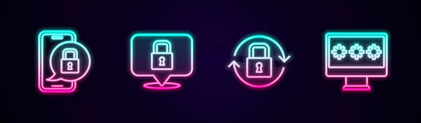 设置带闭锁锁和监视密码的线路移动 发光的霓虹灯图标 — 图库矢量图片