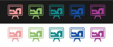 Bilgisayar monitörünü siyah ve beyaz arkaplanda izole edilmiş grafik çizelgesi simgesi ile ayarla. Metin dosya simgesini rapor et. Muhasebe tabelası. Denetim, analiz, planlama. Vektör.