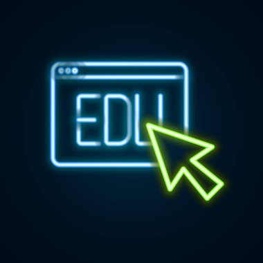 Parlayan neon hattı Online eğitim ve mezuniyet ikonu siyah arka planda izole edildi. İnternetteki öğretmen monitörde. Giyinme ve video semineri öğrenme. Renkli taslak konsepti. Vektör.