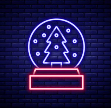 Parlayan neon hattı, kar yağan Noel küresi ve tuğla duvar arkasında izole edilmiş Noel ağacı ikonu. Mutlu Noeller ve mutlu yıllar. Renkli taslak konsepti. Vektör.