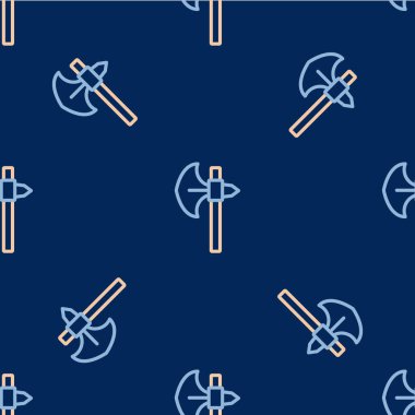 Çizgi Ortaçağ balta simgesi mavi arka planda izole edilmiş pürüzsüz desen. Savaş baltası, cellat baltası. Ortaçağ silahı. Vektör.