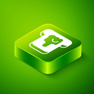 Yeşil arka planda izole edilmiş bal ikonlu Isometric parça ekmek. Reçelli tost veya bal. Yeşil kare düğmesi. Vektör.