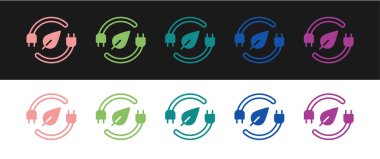 Siyah ve beyaz arkaplanda izole edilmiş yaprak simgesindeki Elektrik tasarruf prizini ayarla. Elektrik tasarrufu. Çevresel koruma. Biyolojik enerji. Vektör.