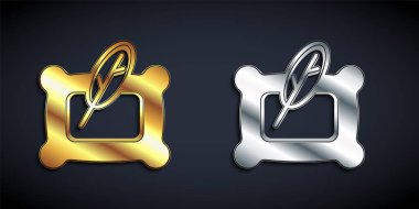 Altın ve gümüş dikdörtgen yastık simgesi siyah arkaplanda izole edilmiş. Yastık tabelası. Ortopedik yastık. Uzun gölge tarzı. Vektör.