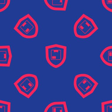 Kırmızı Sevkiyat güvenliği, mavi arka planda izole edilmiş ikon. Teslimat sigortası. Kalkanın ötesinde sigorta kutuları var. Vektör.