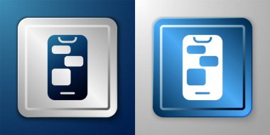 Beyaz Mobil destek ikonu mavi ve gri arka planda izole edildi. Tüm gün müşteri destek merkezi. Tam zamanlı çağrı servisi. Gümüş ve mavi kare düğme. Vektör.