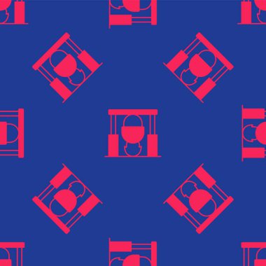 Kırmızı Kamp Ateşi ve çömlek ikonu mavi arka planda izole edilmiş. Ateş kampı, yakacak odun ve alevlerin üzerinde kazanda pişiyor. Vektör.