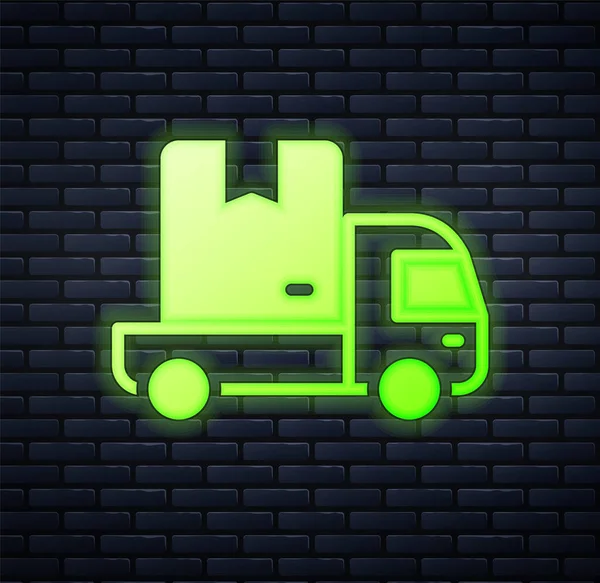 Glowing Neon Delivery Cargo Truck Vehicle Icon Isolated Brick Wall — Stock Vector