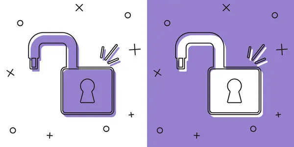 设置在白色和紫色背景上隔离的打开锁图标 打开锁牌 网络安全的概念 数字数据保护 — 图库矢量图片
