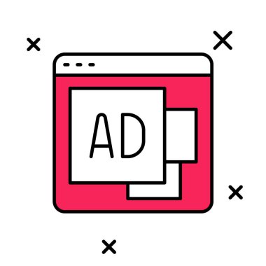 Doldurulmuş ana hat reklam simgesi beyaz arkaplanda izole edildi. Pazarlama ve tanıtım süreci kavramı. İlgili reklamlar. Sosyal medya reklamcılığı. Vektör