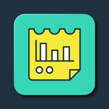Mavi arkaplanda izole edilmiş grafik grafik grafik simgesi ile doldurulmuş belge. Metin dosya simgesini rapor et. Muhasebe tabelası. Denetim, analiz, planlama. Turkuaz kare düğme. Vektör