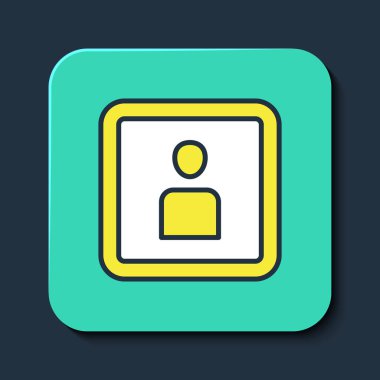 Filled outline Play Video icon isolated on blue background. Film strip sign. Turquoise square button. Vector