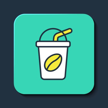 Mavi arka planda izole edilmiş buzlu kahve ikonu. Turkuaz kare düğme. Vektör