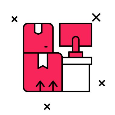 Deponun içini beyaz arkaplanda izole edilmiş raflardaki kutularla doldurdum. Lojistik, kargo, paket depolama posta servisi. Vektör