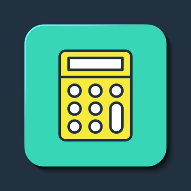 Doldurulmuş ana hat Hesaplayıcı simgesi mavi arkaplanda izole edildi. Muhasebe sembolü. İş hesaplamaları matematik eğitimi ve finans. Turkuaz kare düğme. Vektör