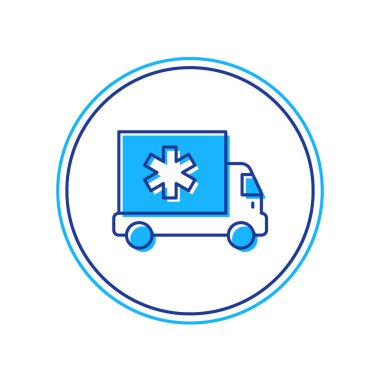 Ana hatları doldurulmuş ambulans ve acil durum arabası simgesi beyaz arka planda izole edilmiş. Ambulans aracı tıbbi tahliye. Vektör