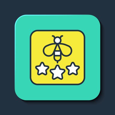 Mavi arkaplanda izole edilmiş, ana hatlı arı simgesi tipi. Tatlı doğal yemek. Bal arısı ya da kanat sembollü apis. Uçan böcek. Turkuaz kare düğme. Vektör