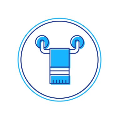 Beyaz arkaplanda izole edilmiş askı simgesi üzerine ana hatları doldurulmuş havlu. Banyo havlusu ikonu. Vektör