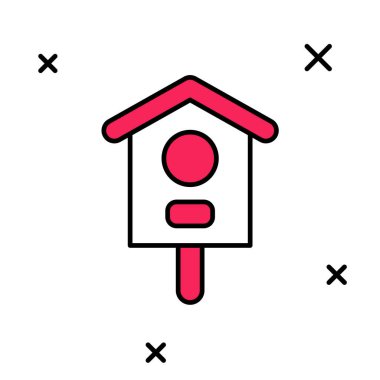 Beyaz arkaplanda izole edilmiş çizgili kuş evi simgesi. Yuva kutusu kuş evi, kuşlar için ev yapımı bina. Vektör