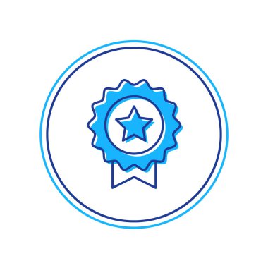 Beyaz arkaplanda izole edilmiş yıldız ikonu ile ana hatları doldurulmuş. Kazanan başarı işareti. Ödül madalyası. Vektör