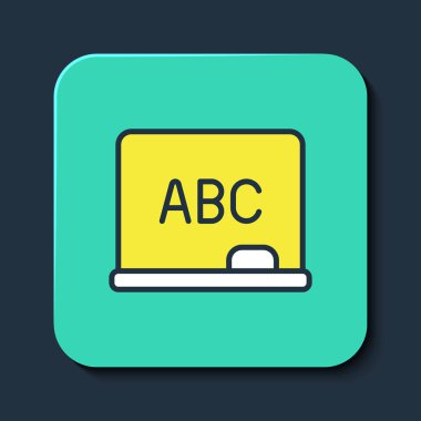 Mavi arkaplanda izole edilmiş ana hatlı yazı tahtası simgesi. Okul karatahtası. Turkuaz kare düğme. Vektör