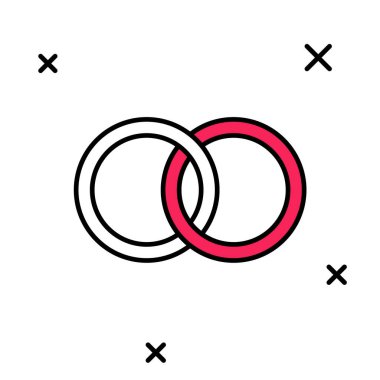 Doldurulmuş alyans simgesi beyaz arkaplanda izole edilmiş. Gelin ve damat mücevher tabelası. Evlilik sembolü. Elmas yüzük. Vektör