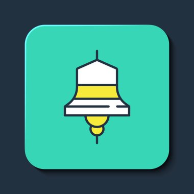 Doldurulmuş ana hatlı gemi çan simgesi mavi arkaplanda izole edildi. Turkuaz kare düğme. Vektör