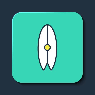 Doldurulmuş surf tahtası simgesi mavi arkaplanda izole edildi. Sörf tahtası. Olağanüstü bir spor. Spor malzemeleri. Turkuaz kare düğme. Vektör