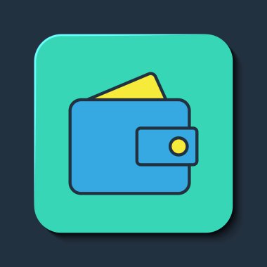 Doldurulmuş cüzdan simgesi mavi arkaplanda izole edildi. Çanta ikonu. Nakit tasarruf sembolü. Turkuaz kare düğme. Vektör