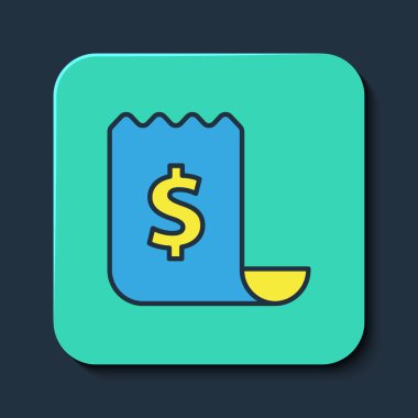 Doldurulmuş kağıt kontrolü ve mali kontrol simgesi mavi arka planda izole edildi. Kağıt baskı çeki, makbuz ya da fatura. Turkuaz kare düğme. Vektör