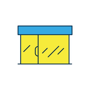 Doldurulmuş ana hatlı alışveriş binası veya market simgesi beyaz arka planda izole edilmiş. Dükkan inşaatı. Vektör