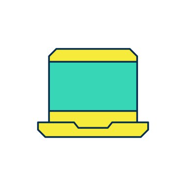 Doldurulmuş dizüstü bilgisayar simgesi beyaz arkaplanda izole edildi. Boş ekran işaretli bilgisayar defteri. Vektör