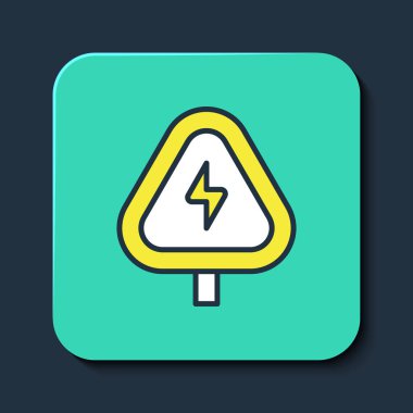 Doldurulmuş yüksek gerilim işareti simgesi mavi arkaplanda izole edildi. Tehlike sembolü. Üçgendeki ok. Uyarı simgesi. Turkuaz kare düğme. Vektör