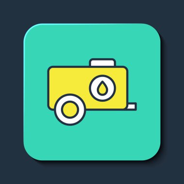 Mobil su tankı ile doldurulmuş, mavi arkaplanda izole edilmiş bir bovling ikonu. Su tankı su getiriyor. Turkuaz kare düğme. Vektör