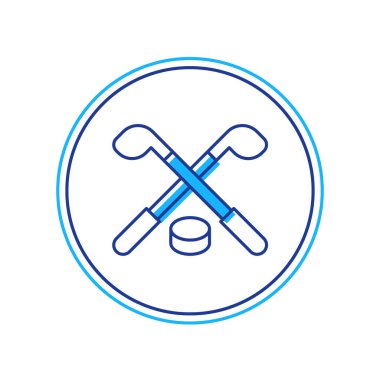 Buz hokeyi sopaları ve beyaz arka planda izole edilmiş disk ikonu. Oyun başlasın. Vektör