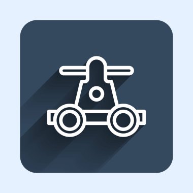 Beyaz çizgi Draisine el arabası tren yolu taşımacılığı ikonu uzun gölge arkaplan izole. Mavi kare düğme. Vektör