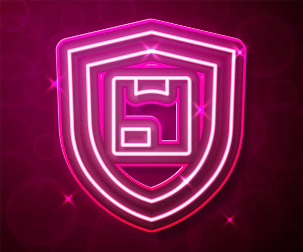Parlayan neon hattı. Kırmızı arka planda kalkan simgesi olan teslimat güvenliği. Teslimat sigortası. Kalkanın ötesinde sigorta kutuları var. Vektör