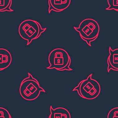 Red line Lock icon isolated seamless pattern on black background. Padlock sign. Security, safety, protection, privacy concept.  Vector