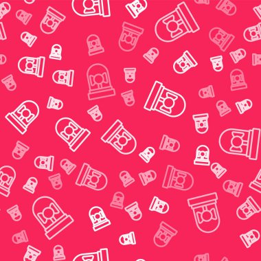 Beyaz çizgi alarm çanı simgesini çalıyor. Kırmızı arkaplanda izole edilmiş pürüzsüz desen. Yangın alarmı. Servis zili, el zili işareti, uyarı sembolü. Vektör