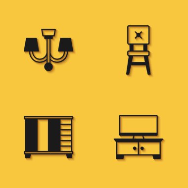 Chandelier 'i ayarla, televizyon masası standı, uzun gölgeli Gardırop ve Sandalye ikonu. Vektör