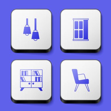 Lamba asma, gardırop, kütüphane kitaplığı ve Kol Sandalyesi ikonu. Beyaz kare düğme. Vektör
