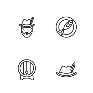 Oktoberfest şapkası, tahta fıçı, rafçı ve kurutulmuş balık ikonu. Vektör.