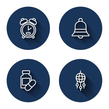 Saati kur. Çan çal. Uyku hapı çal ve uzun gölgeli tüylü düş kapanı çal. Mavi daire düğmesi. Vektör.