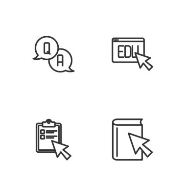 Çevrimiçi Kitap Sınav Anketi Soru ve Yanıt ve Eğitim ikonunu Ayarla. Vektör.