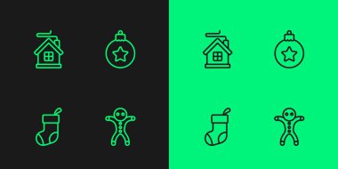 Bayram zencefilli kurabiye, Noel kurabiyesi, Noel çorabı, Merry House ve top ikonu. Vektör.