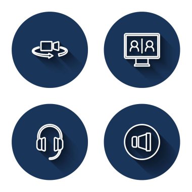 360 derece görüntülü konferans kulaklıkları ve uzun gölgeli hoparlör sesini ayarla. Mavi daire düğmesi. Vektör.