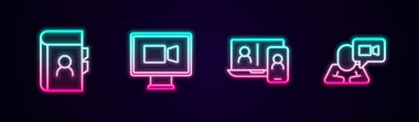 Telefon rehberi görüntülü sohbet konferansı ayarla ve... Parlayan neon ikonu. Vektör.